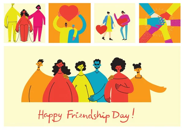 Background with happy diverse hugging people. Concept of friendship day, unity. Celebration or congratulation of multiracial friends. — ストックベクタ