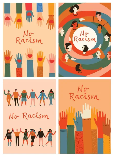 Kein Rassismus Charaktere Verschiedener Nationalitäten Umarmen Sich Ein Plakat Mit — Stockvektor