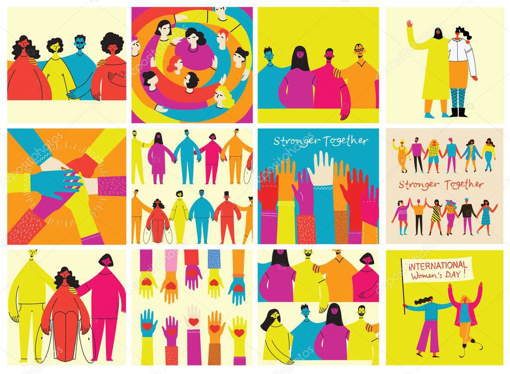 Flat vector illustration of a group containing inclusive and diversified people all together without any difference.