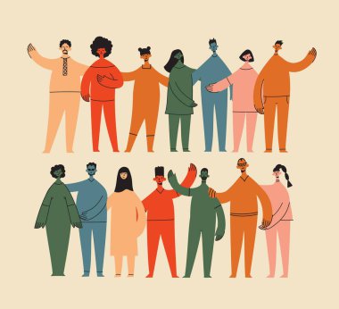 Group of people men, women are standing together. Concept of diversity, equality, tolerance, multicultural society. Vector set of multicultural people We are strong together clipart