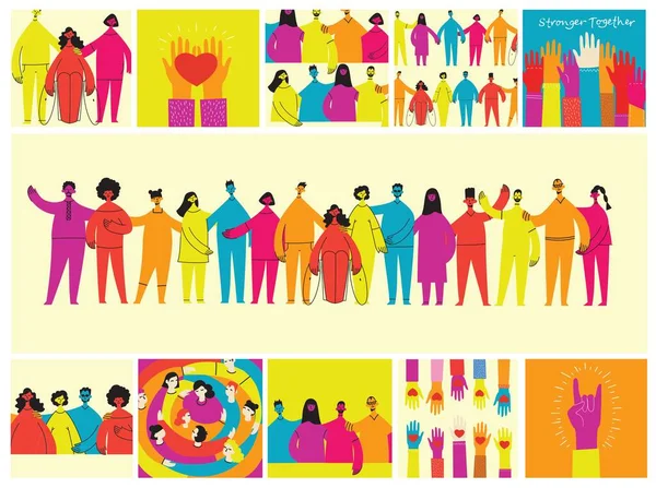 Group of people men, women are standing together. Concept of diversity, equality, tolerance, multicultural society. Vector set of multicultural people We are strong together