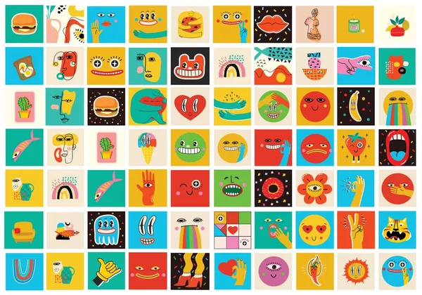 Collection Abstract Comic Faces Various Emotions Crazy Abstract Comic Geometric — Archivo Imágenes Vectoriales