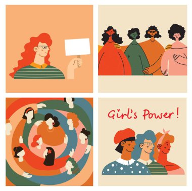 Kadın arkadaşlık grubu. Çeşitli kadın takımları el ele tutuşuyor, kızların gücü, çokuluslu topluluk temsilciliği. Arkadaşlık grubu dişiler, arkadaş çeşitliliği