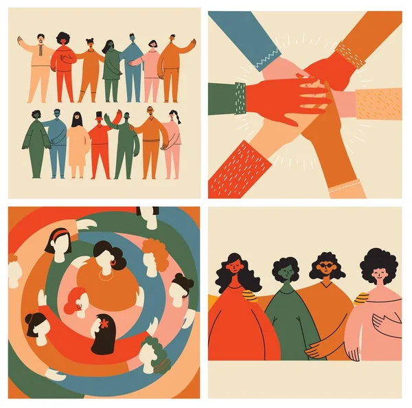 Kelompok Pertemanan Wanita Diverse Tim Perempuan Berdiri Bersama Sama Berpegangan - Stok Vektor