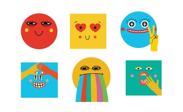 Collection Comic Faces Various Emotions Crazy Abstract Comic Geometric Shape — Archivo Imágenes Vectoriales