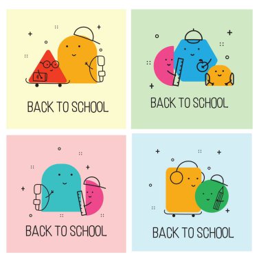 Okula dönelim. Öğrenci, okul çocuğu, kırtasiye malzemesi, poster, arkaplan veya kapak için vektör soyut geometrik şekiller. Okula geri dön..