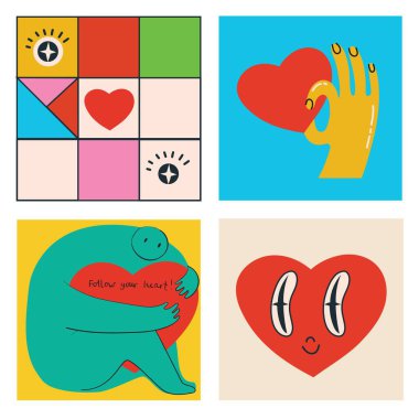 Karikatür kalpli çıkartmalar. Geçmişe dönük karalama tarzı yüzleri olan kalplerin parlak görüntüleri. Sevgililer Günü için eğlenceli bir çıkartma paketi. Vektör illüstrasyonu.