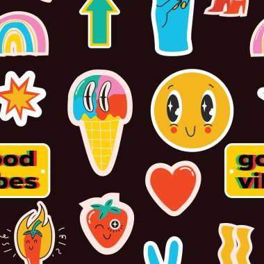 Seamless pattern with crazy comic faces and colorful geometric shapes with outline. Mosaic texture in complementary bright and black colors. Contemporary trendy endless print.