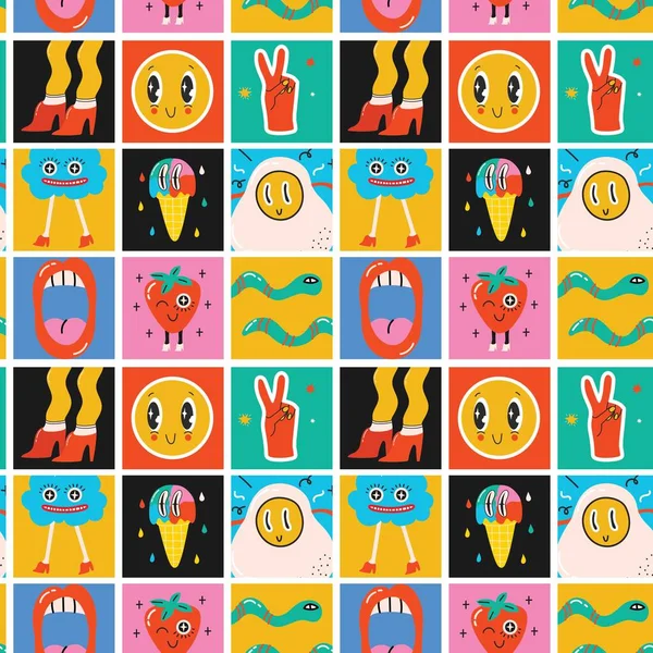 Seamless Pattern Crazy Comic Faces Colorful Geometric Shapes Outline Mosaic — Archivo Imágenes Vectoriales