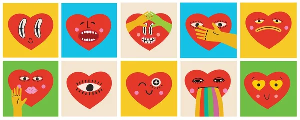Retro Love Crazy Smeared Heart Smiley Face Hippie Groovy Smile — Stockový vektor