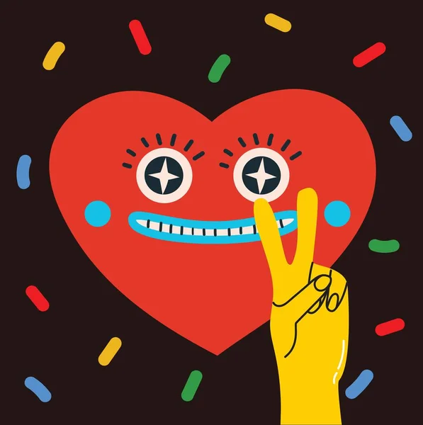 Retro Love Crazy Smeared Heart Smiley Face Hippie Groovy Smile — Vector de stock