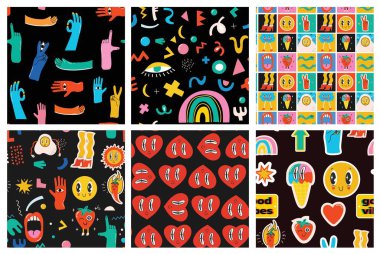 Seamless patterns with crazy comic faces and colorful geometric shapes with outline. Mosaic texture in complementary bright and black colors. Contemporary trendy endless print.