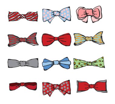 Fashion tie bow accessories cartoon with tied ribbons set for Christmas invitation. Color silk bow for lady and gentleman for gift birthday