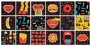 Big Set of Different colored Vector illustartion posters in Cartoon Flat design. Hand drawn Abstract crazy shapes, faces, patterns, different texture, funny cute Comic characters.