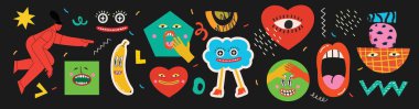 Big Set of Different colored Vector illustartion posters in Cartoon Flat design. Hand drawn Abstract crazy shapes, faces, patterns, different texture, funny cute Comic characters.