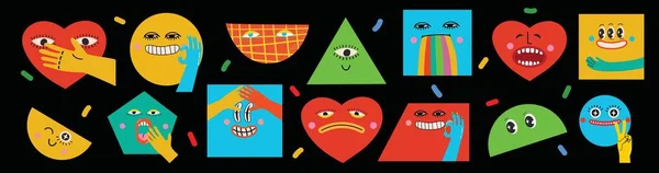 Collection Square Triangular Heart Shape Abstract Comic Faces Various Emotions — Stock vektor