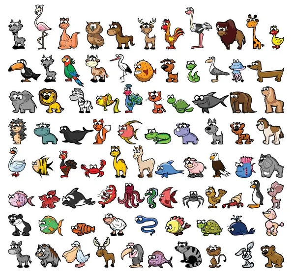 Big collection of cute cartoon animals,birds and sea creatures of the world.Big fauna of the world icon set.Vector illustration isolated on white