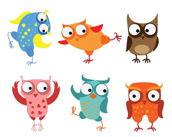 Funny Owls Collection Cute Hand Drawn Owl Characters Set Vector — ストックベクタ