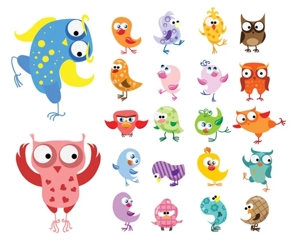 Funny Owls Collection Cute Hand Drawn Owl Characters Set Vector — Vetor de Stock