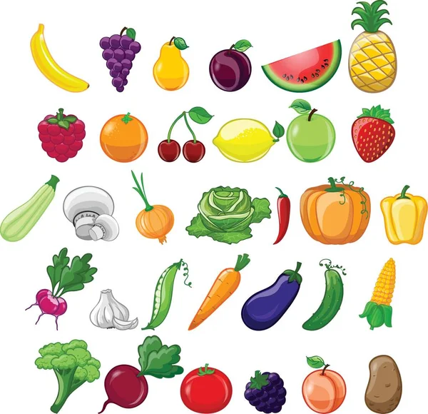 Frutas Verduras Dibujos Animados Brócoli Zanahoria Col Remolacha Kiwi Albaricoque — Vector de stock