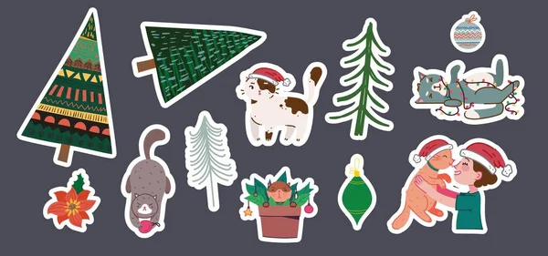 Vector Set Christmas Stickers Hand Drawing Winter Background Fir Tree — Stok Vektör