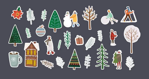 Vector Set Christmas Stickers Hand Drawing Winter Background Fir Tree — Stock Vector