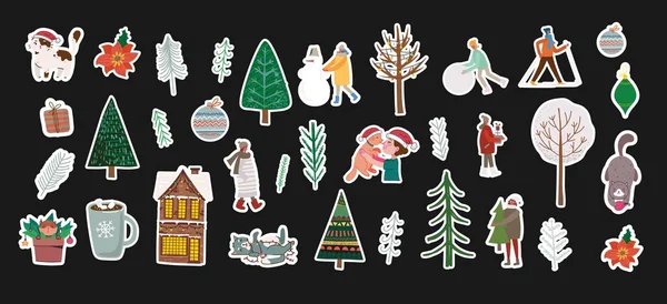Vector Set Christmas Stickers Hand Drawing Winter Background Fir Tree — Image vectorielle