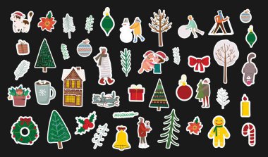 Vector set of christmas stickers. Hand drawing winter background with fir tree, Christmas ornaments, stars and snowflakes. Holiday poster with cute Christmas symbols.