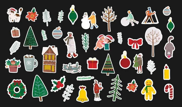 Vector Set Christmas Stickers Hand Drawing Winter Background Fir Tree — Vetor de Stock