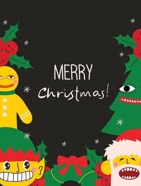 圣诞快乐 新年快乐 带有圣爪 疯狂的几何形状 圣诞树和花环的节日贺卡的病媒流行摘要插图 用于海报或图案 — 图库矢量图片
