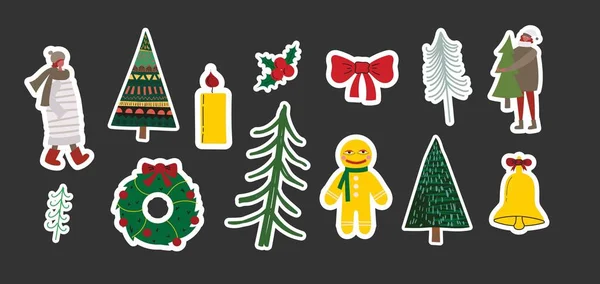 Vector Set Christmas Stickers Hand Drawing Winter Background Fir Tree — Vector de stock