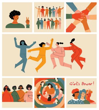 Kadın arkadaşlık grubu. Çeşitli kadın takımları el ele tutuşuyor, kızların gücü, çokuluslu topluluk temsilciliği. Arkadaşlık grubu dişiler, arkadaş çeşitliliği