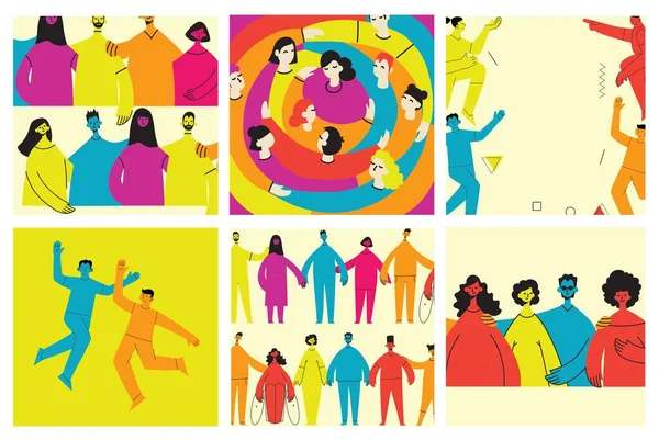 Young Men Women Abstract Geometric Shapes Team Building Teamwork Concept — стоковый вектор