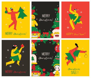 Merry Christmas and Happy New Year 2023. Vector trendy abstract illustrations of holiday card with santa claus, deer, crazy geometric shapes, christmas tree and wreath for poster or pattern.