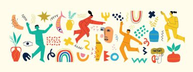 Çizgi film Düz Tasarımı 'nda büyük renkli vektör illüstrasyon posterleri. El çizimi çılgın şekiller, yüzler, desenler, farklı doku, komik komik komik çizgi karakterler..