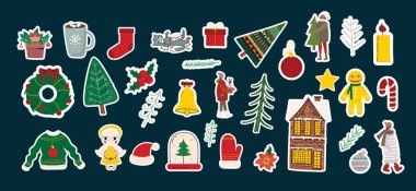 Vector set of christmas stickers. Hand drawing winter background with fir tree, Christmas ornaments, stars and snowflakes. Holiday poster with cute Christmas symbols.