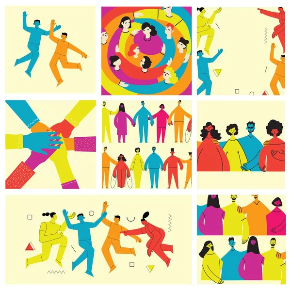 Young Men Women Abstract Geometric Shapes Team Building Teamwork Concept — Stock Vector