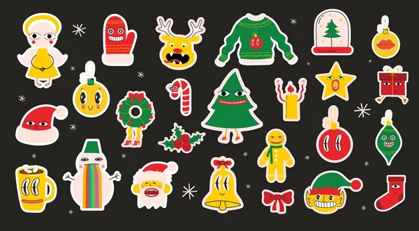 Adhesivo Navidad Icono Conjunto Navidad Vintage Feliz 2023 Elementos Año — Vector de stock