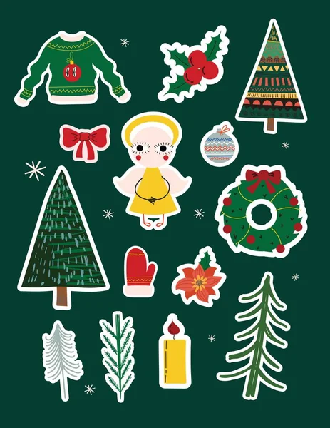 Adhesivo Navidad Icono Conjunto Navidad Vintage Feliz 2023 Elementos Año — Vector de stock