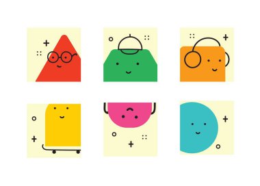 Yüzü duygularla dolu çeşitli, parlak, temel geometrik figürler. Farklı şekillerde. Çocuklar için el çizimi moda Vektör illüstrasyonuName.