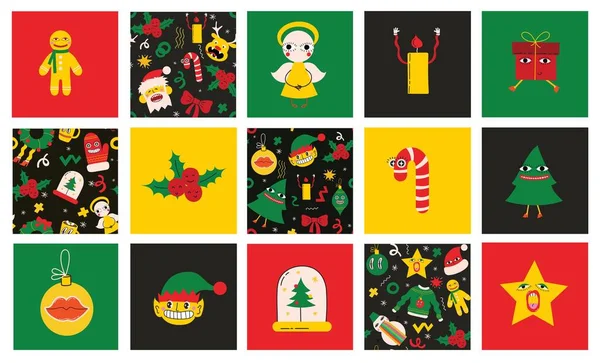 Cute Cartoon Character Christmas Elements Seamless Pattern Merry Christmas Happy — Stock Vector