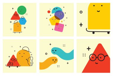 Yüzü duyguları olan geometrik karakter şekillerinin vektör çizimi, çocuk eğitimi için sevimli renkli şekil ve renk.