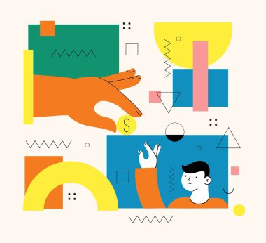 Para gönderen insanların vektör çizimi, banka kartından bozuk paralar, kredi kartı, bakiyenin yenilenmesi, internet hesabı. Bankacılık hizmeti, başarıyla ulaşılamayan ödeme işlemi.