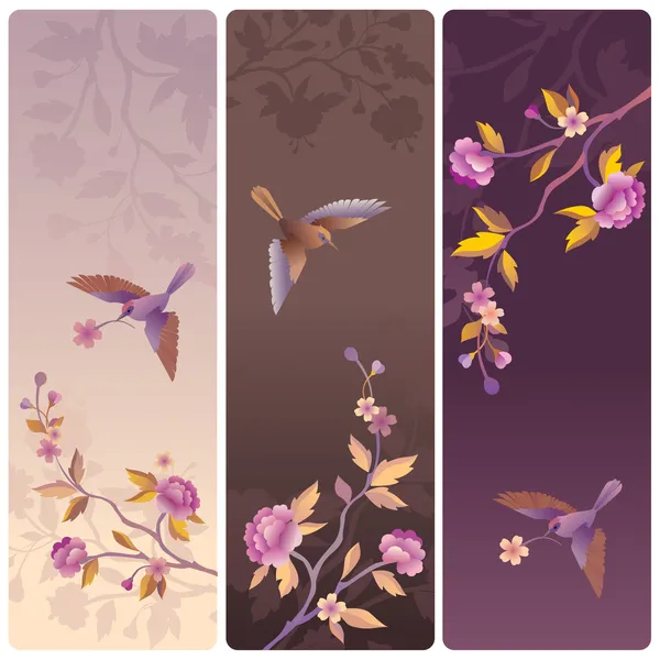 Etykiety lub banery z ptaków i kwitnąć drzewa — Zdjęcie stockowe
