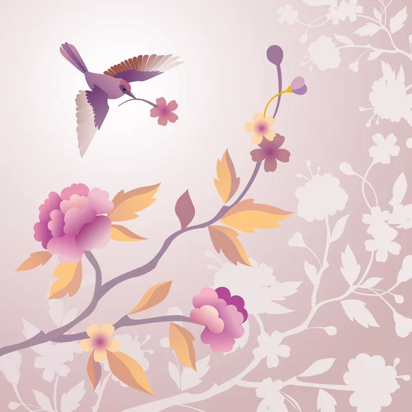 朝の淡いピンク色の花庭の鳥 — ストック写真