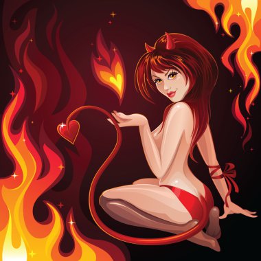 sıcak seksi dişi şeytan arka planda yanan poz
