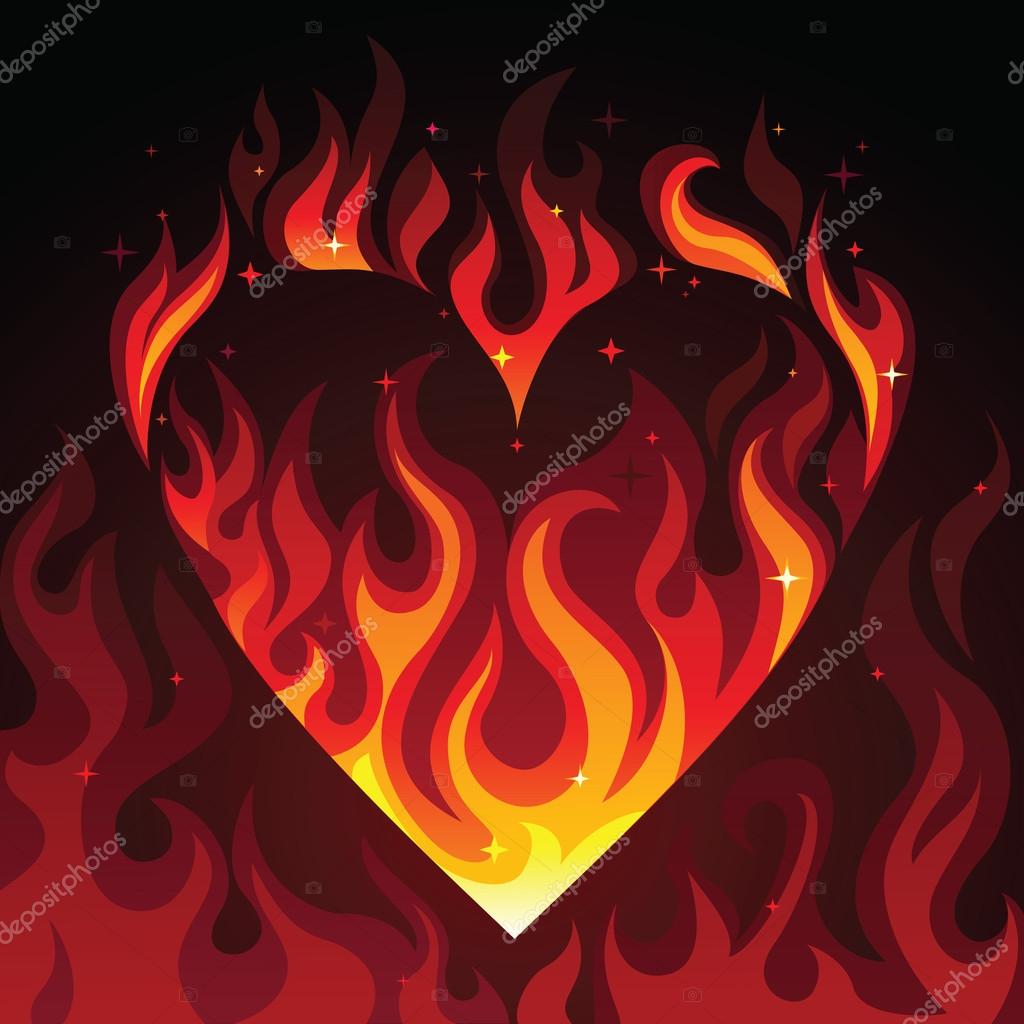 Hot Burning Heart On Fire On Dark Background Stock Vector