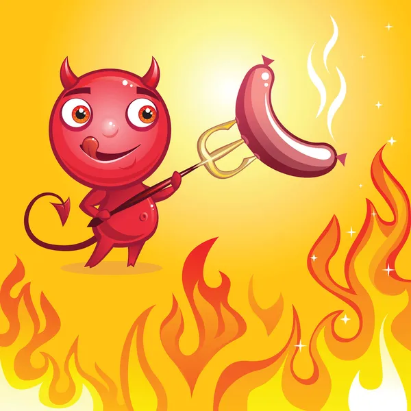 Cute cartoon character devil roasting sausage on fire — Stock Vector