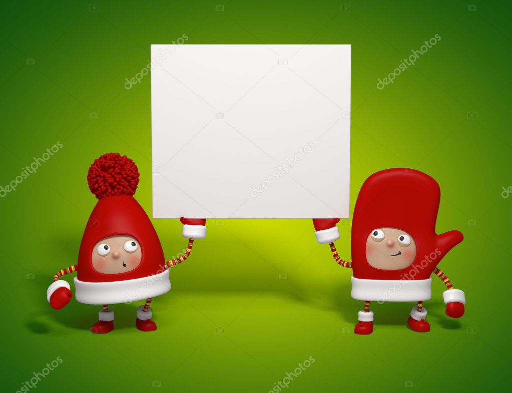 Christmas characters holding banner