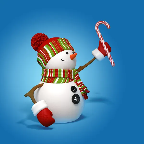 Snowman holding candy cane — Stock Photo, Image